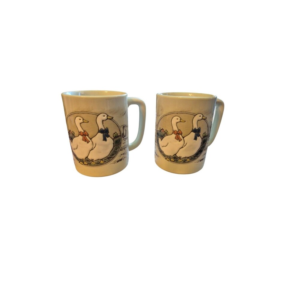 Vintage Otagiri Japan Stoneware Mugs With Embossed Geese Set Of 2